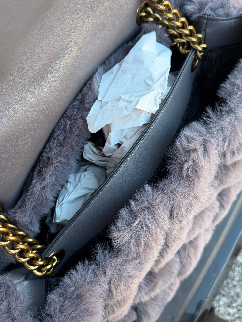 Kurt Geiger Plush Quilted Faux Fur Clutch in Gray - Picture 3 of 6
